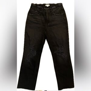 Good American High Waisted Black Ripped Knee Jeans